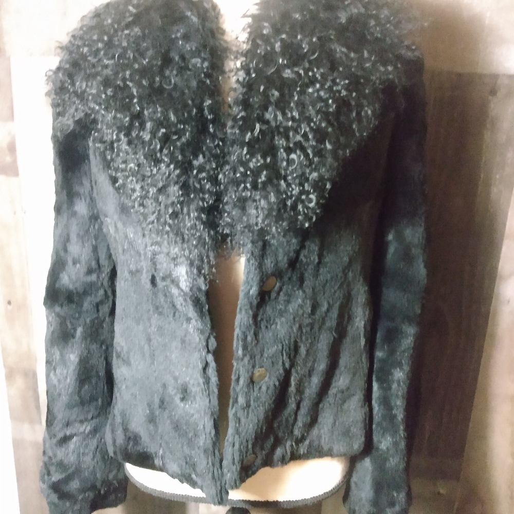 Womans Caruana small rabbit/Mongolian lamb black fur jacket